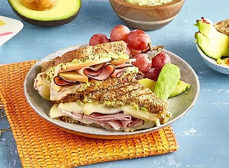 Ham and Swiss Panini with Avocado Mustard Spread