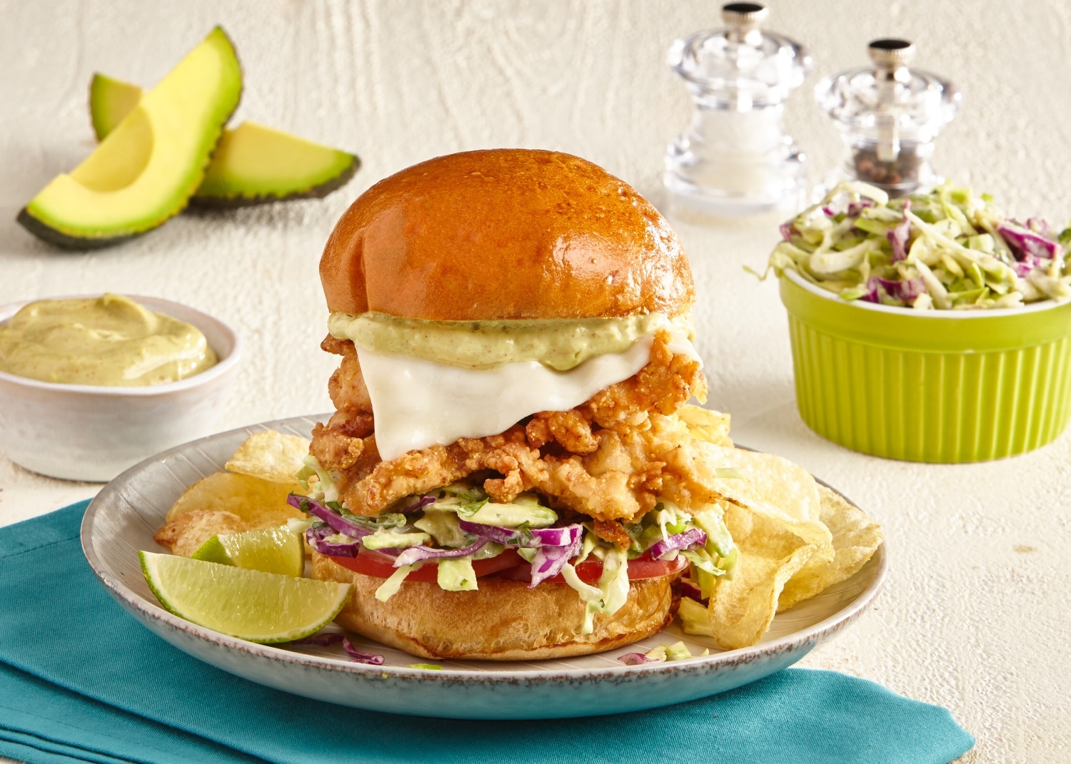 Curry Fried Chicken Sandwiches With Spiced Avo Mango Aioli and Cilantro Lime Avocado Slaw